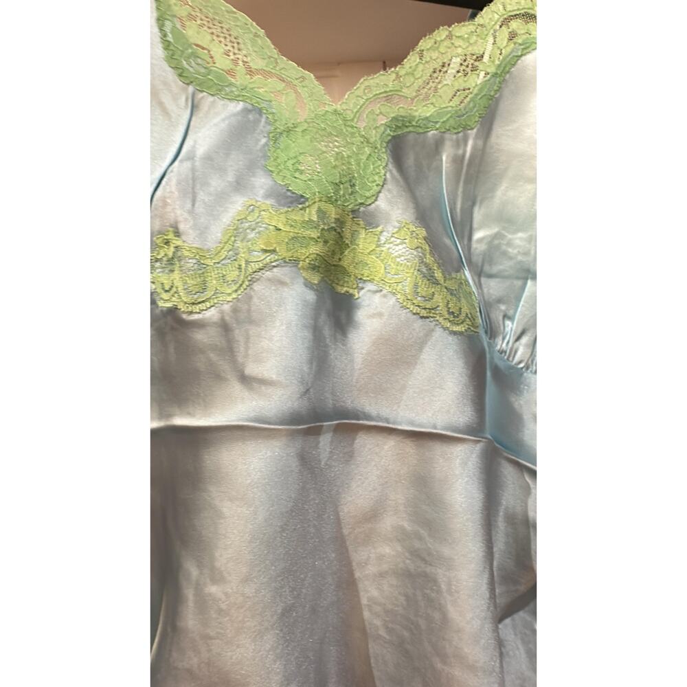 $180 Gold Hawk Blue 100% Silk Cami Green Lace Tank M - Picture 3 of 4